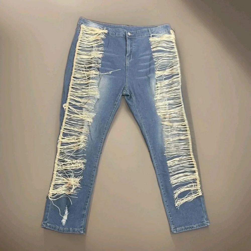 Plus Size Fringe Distressed‎ Skinny Jeans XXXL Boho Western Stretch Denim